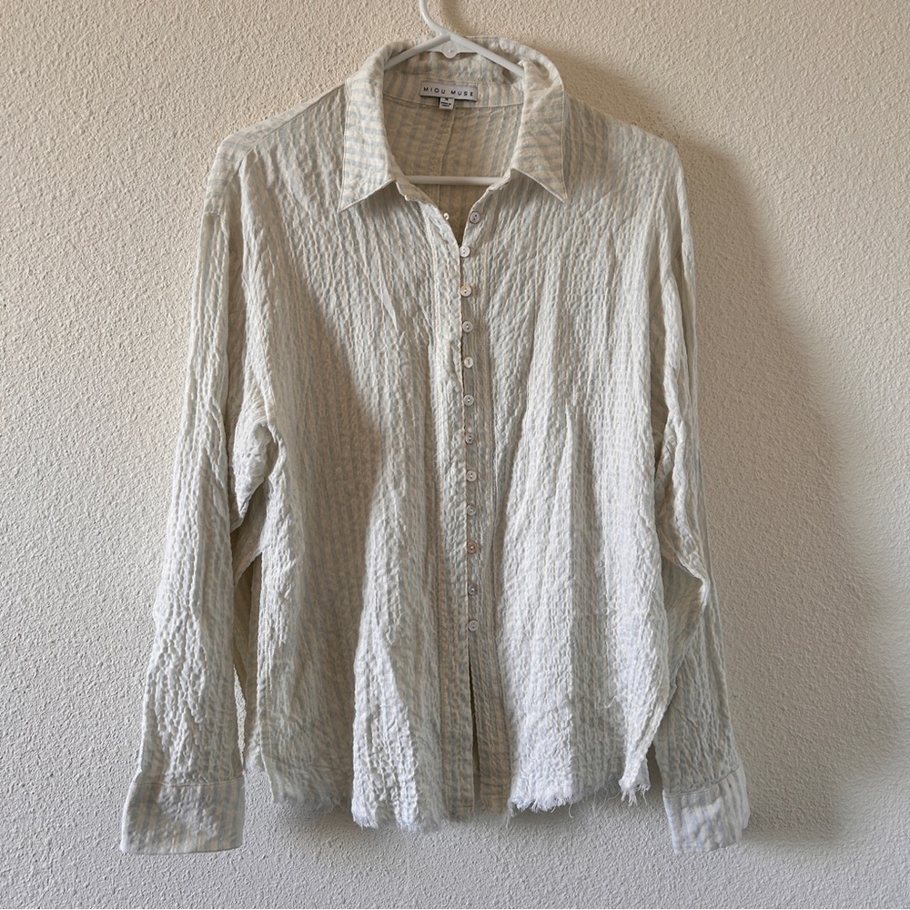 MIOU MUSE Button Up Shirt Women’s Small Striped Gauzy Lagenlook Minimalist Boho